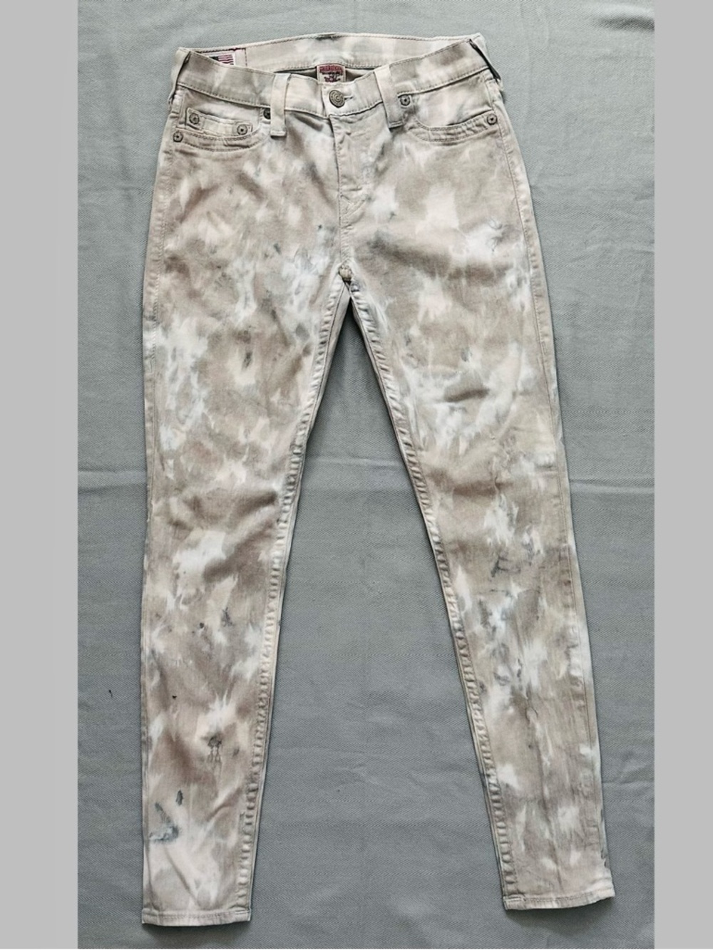 True Religion Halle Slim Fit Jeans 30 Beige Gray Tie Dye Acid Wash Stretch Denim